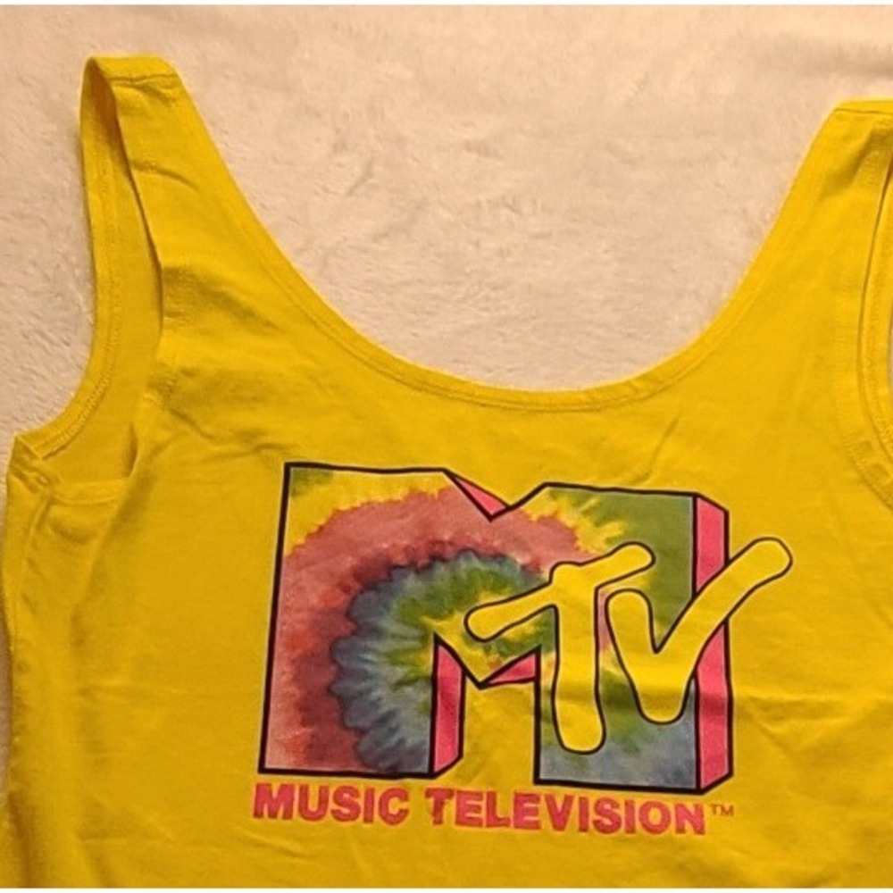 MTV Music Television Yellow Bodysuit Tie Dye Logo Sleeveless Scoop Neck Retro - Picture 3 of 10